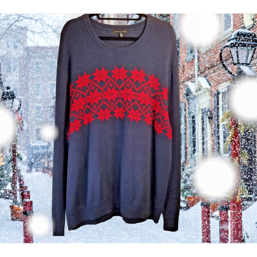 Men's Knit Sweater Banana Republic Crewneck Winter Navy Red Long Sleeve Size XXL